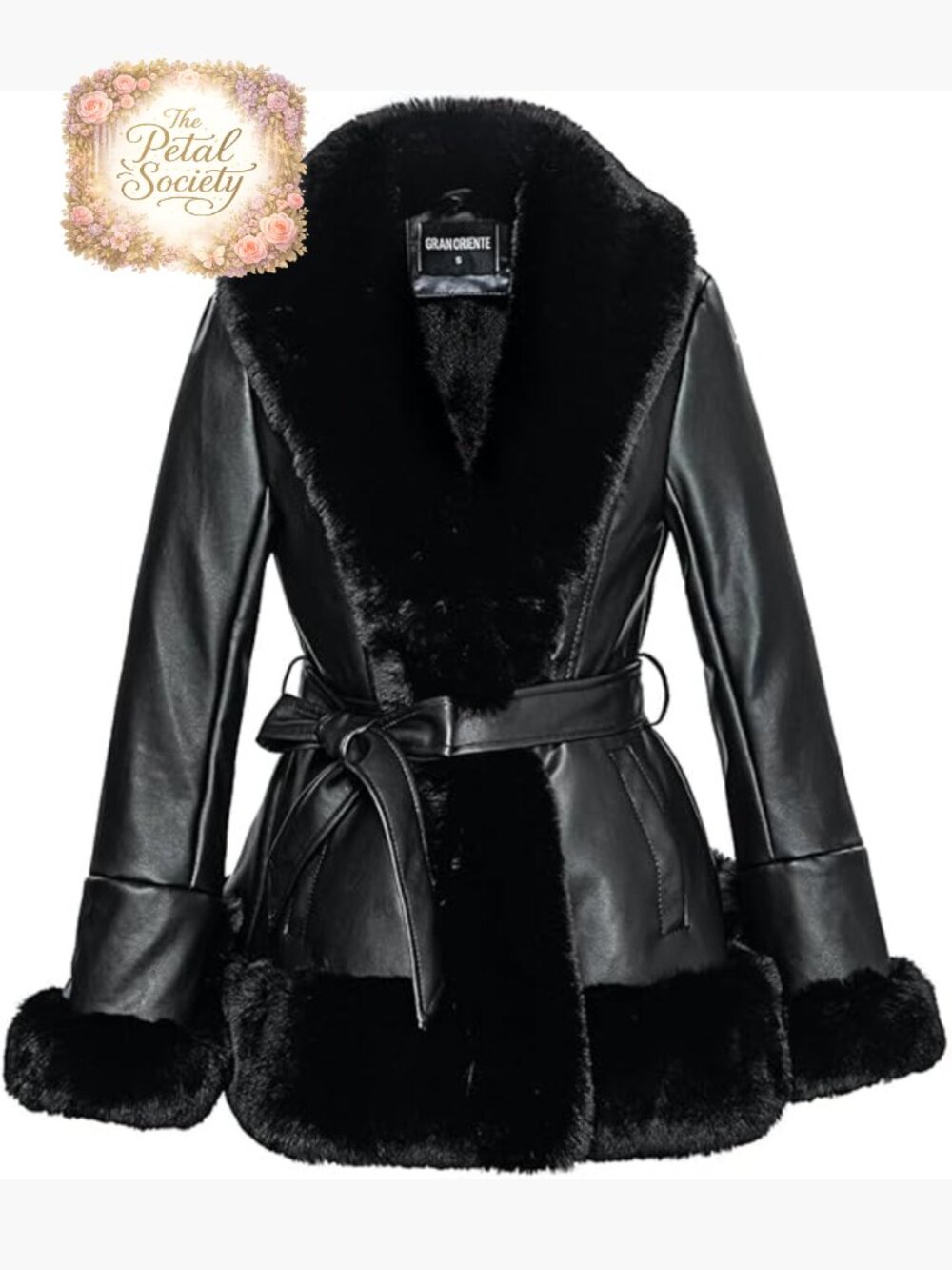 Faux Leather Jacket with Faux Fur Collar, Peplum Parka Coat with Belt, Winter